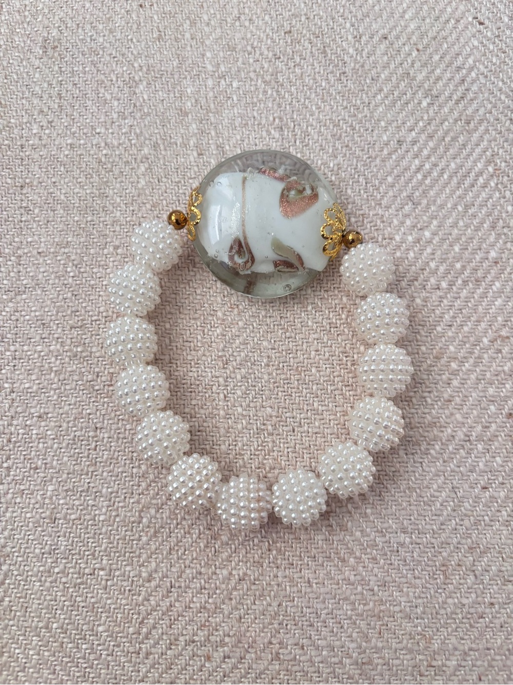 White & Gold Beaded Stretch Bracelet
